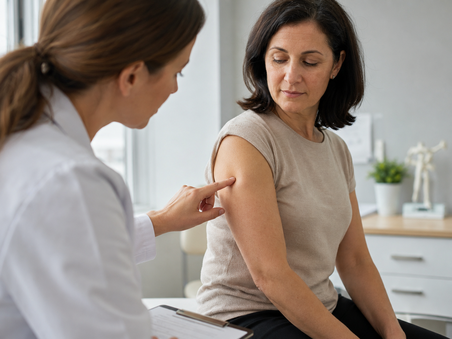 Doctor examining a lump on a patient's upper arm during a consultation