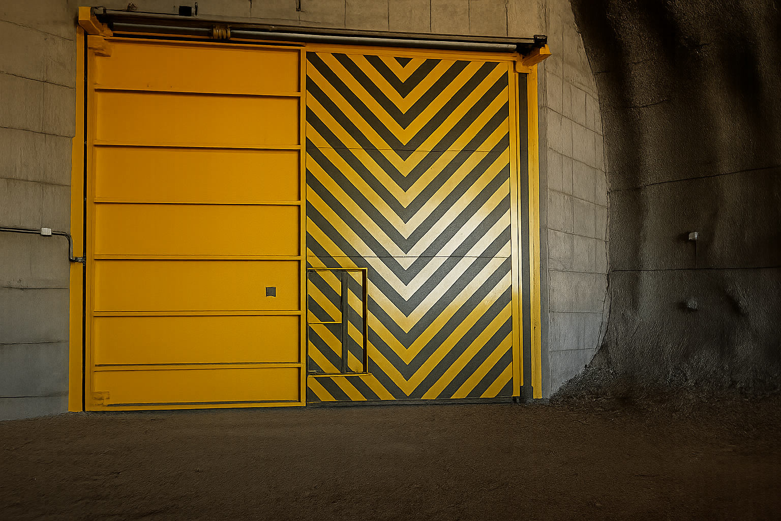 Large industrial yellow door with black chevron warning stripes on right half in a concrete tunnel.