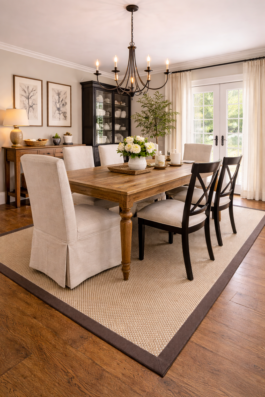 Classic dining room with wooden table, six mixed-style chairs, a floral centerpiece, a chandelier, and glass doors with curtains.