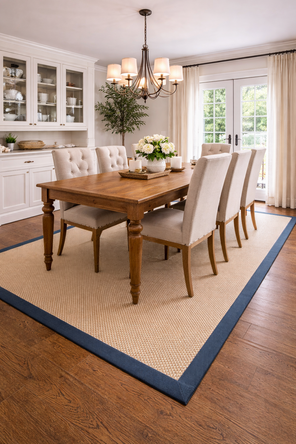 Dining room with a wooden table, six beige upholstered chairs, a beige rug with dark border, chandelier, and a glass-front cabinet.