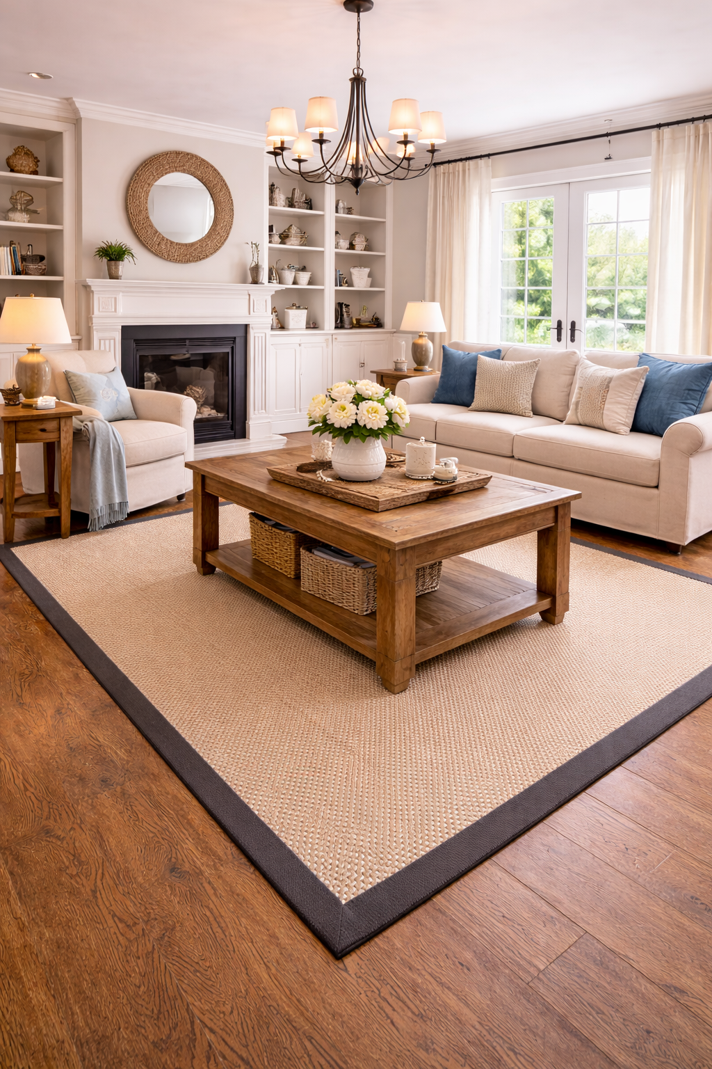 Cozy living room with beige sofa and armchair, wooden coffee table with flower vase, fireplace, built-in shelves, and large windows with sheer curtains.