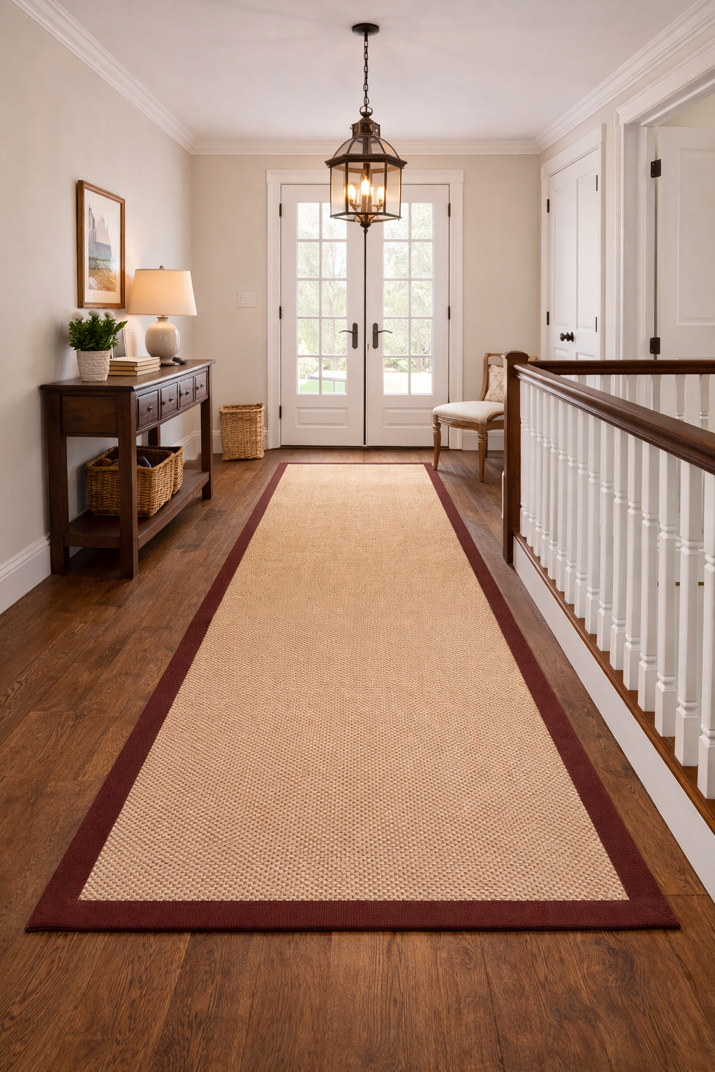 Hallway with wooden flooring, beige rug with a red border, wooden console table with a lamp and plants, white double doors, and a hanging lantern.