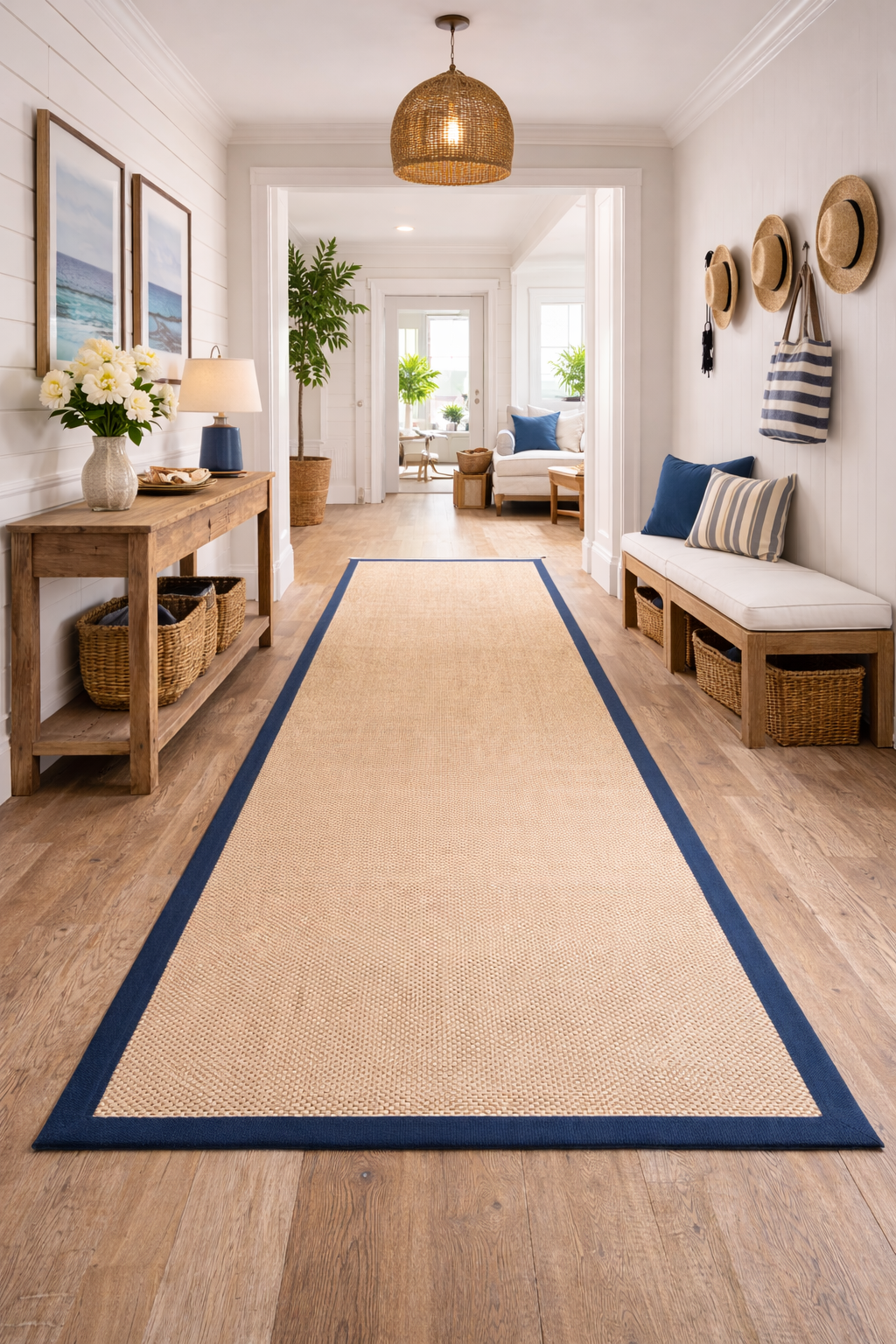 Bright hallway with beige runner rug bordered in blue, wooden console table with flowers and lamp, cushioned bench with blue pillows, and straw hats hanging on wall.