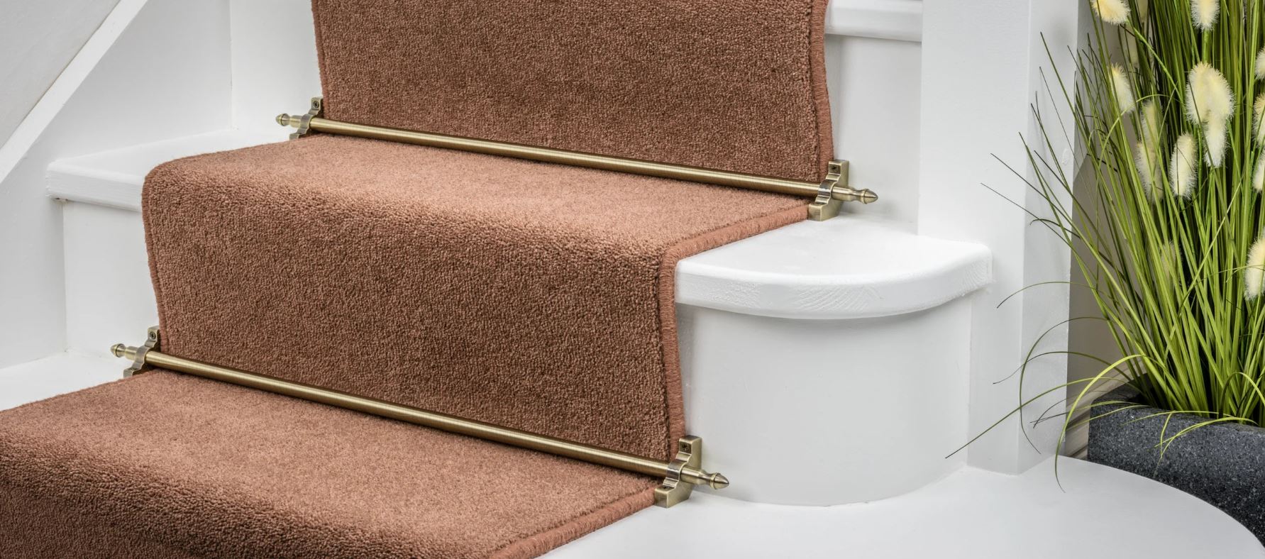 Close-up of white stairs with a brown carpet runner held by brass stair rods, next to a green plant in a gray pot.