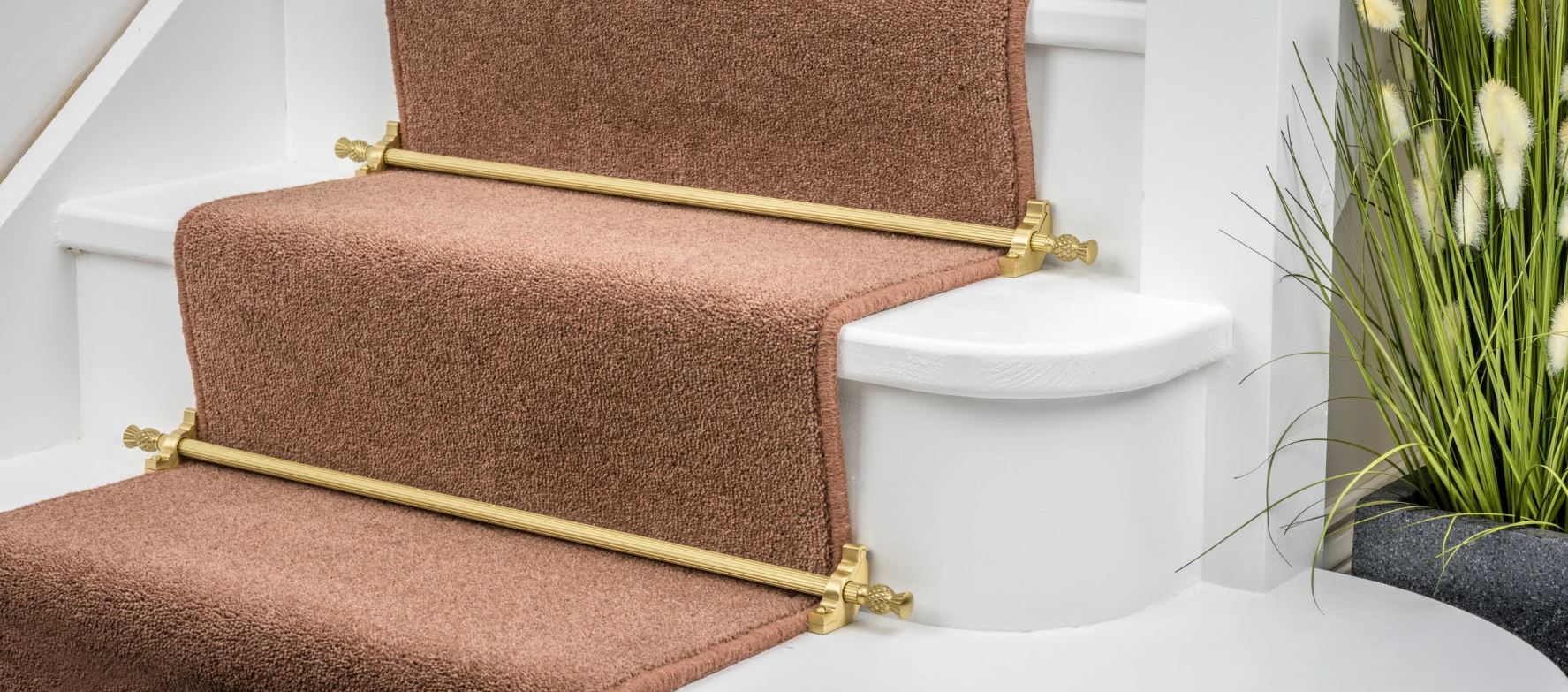 Close-up of white stairs with brown carpet runner secured by gold stair rods and a planter with green and beige grasses on the side.