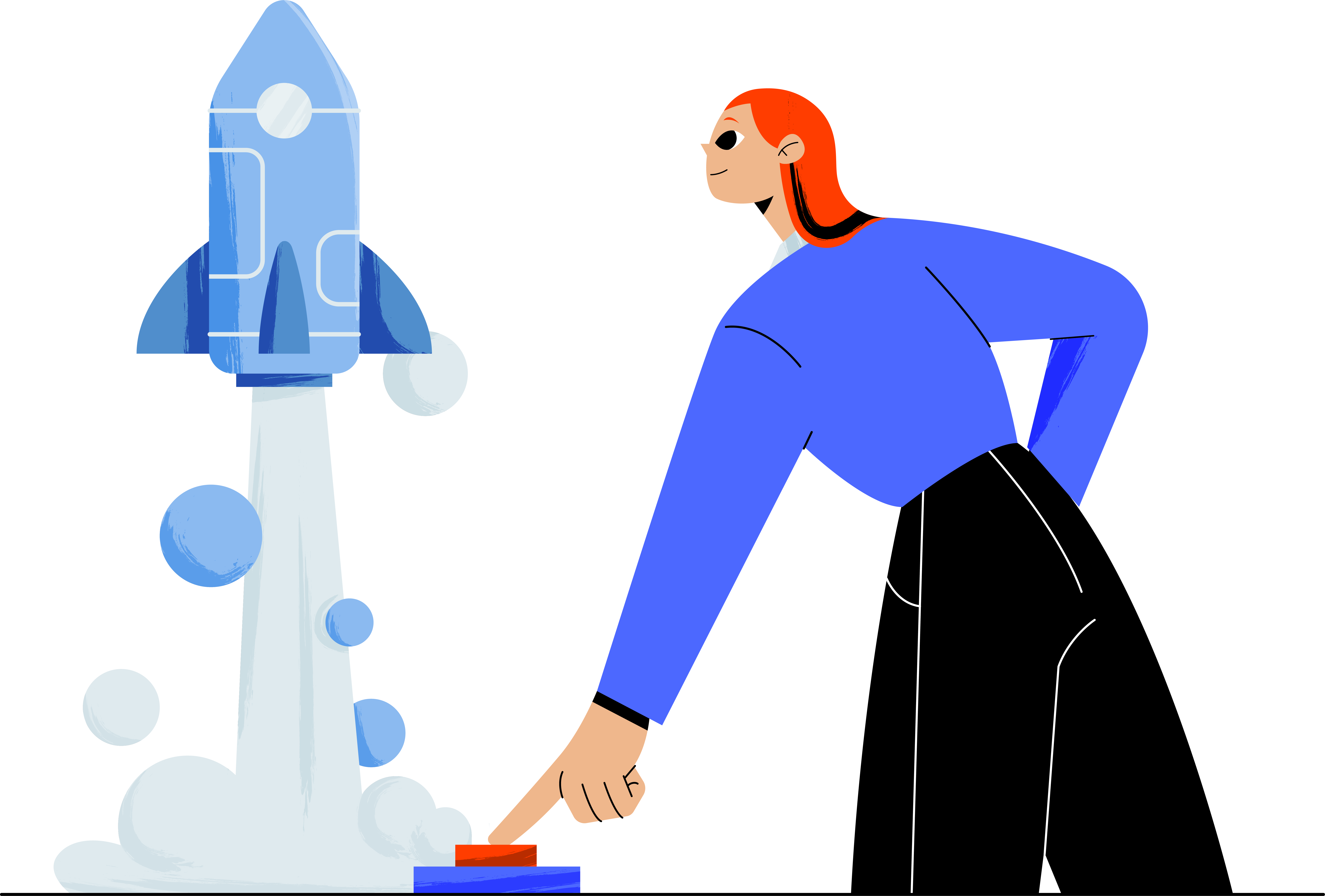 Girl pressing button for a rocket illustration