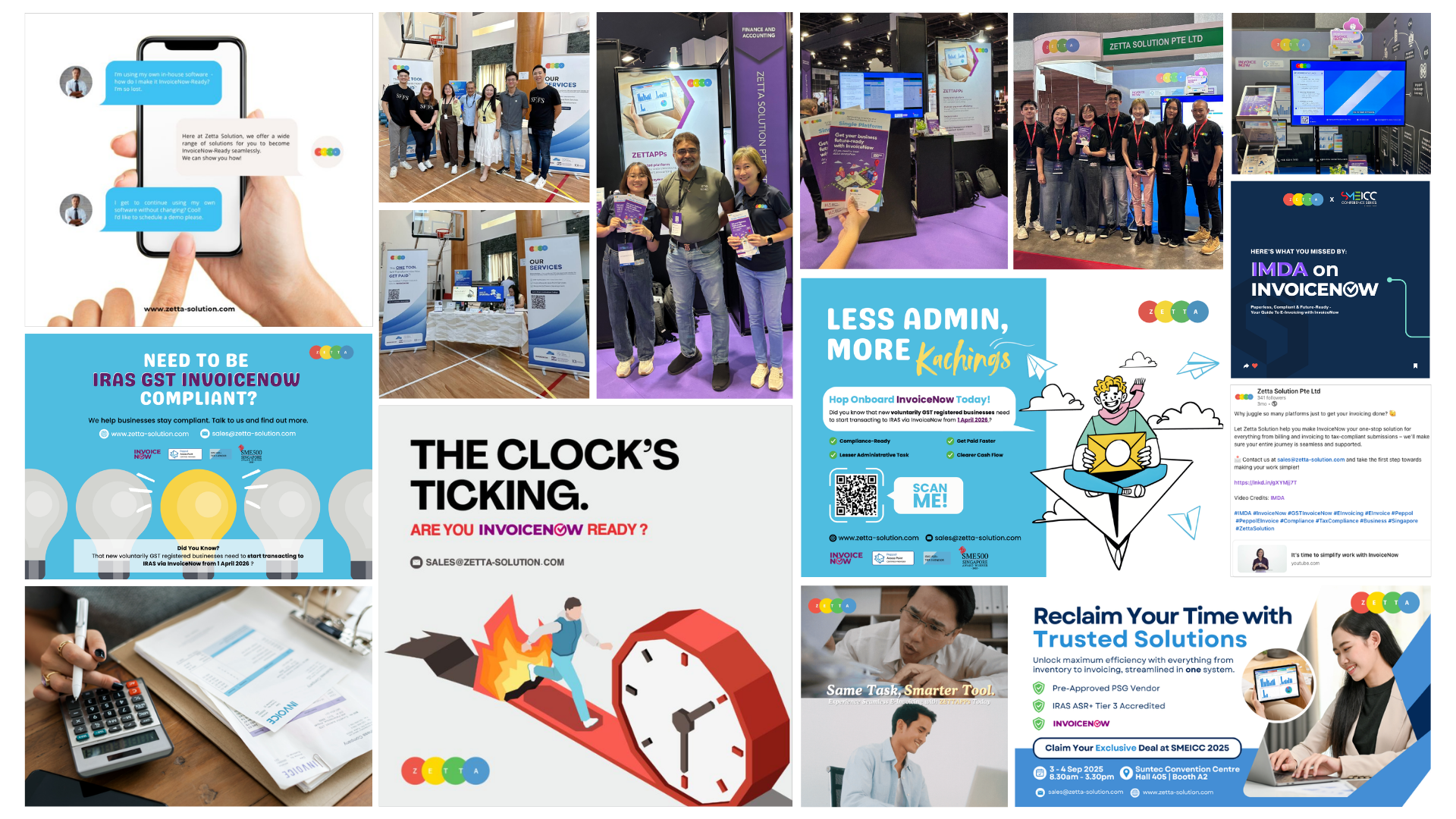 Collage of events and collaterals for InvoiceNow 2025.