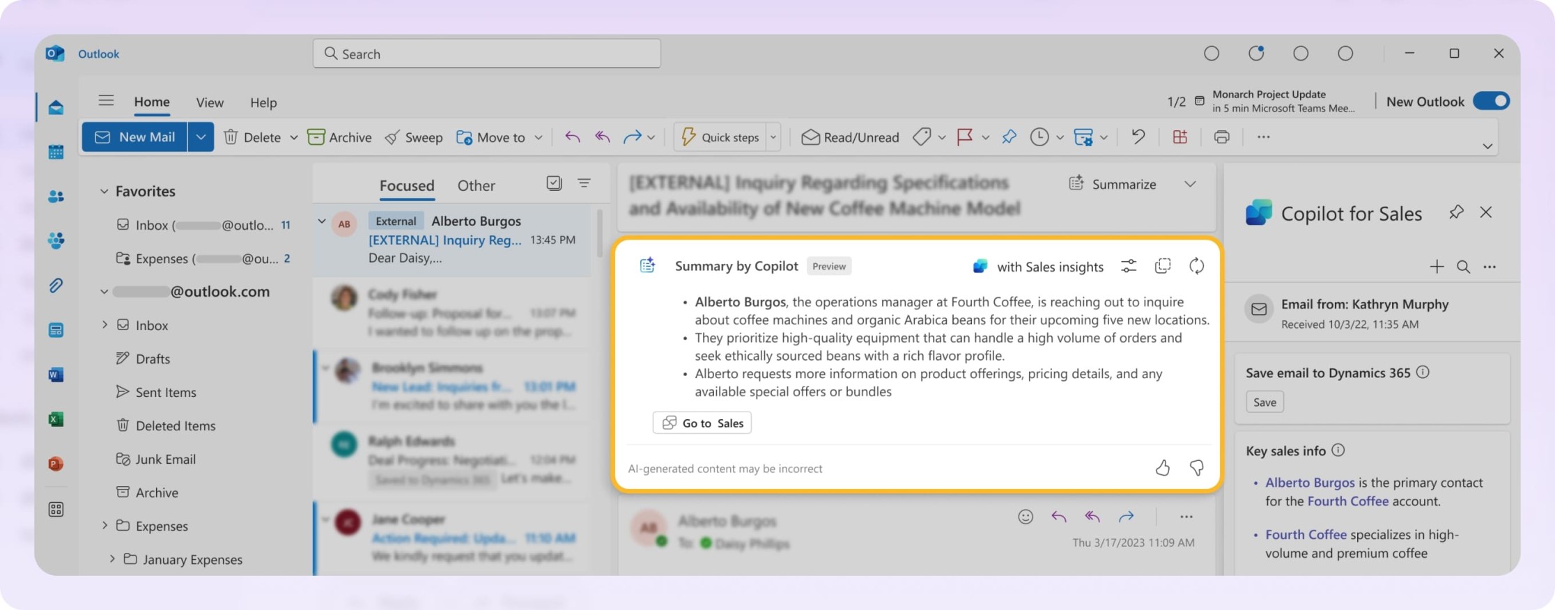 Outlook email app shows a message. A Copilot summary highlights key points like product info requests.