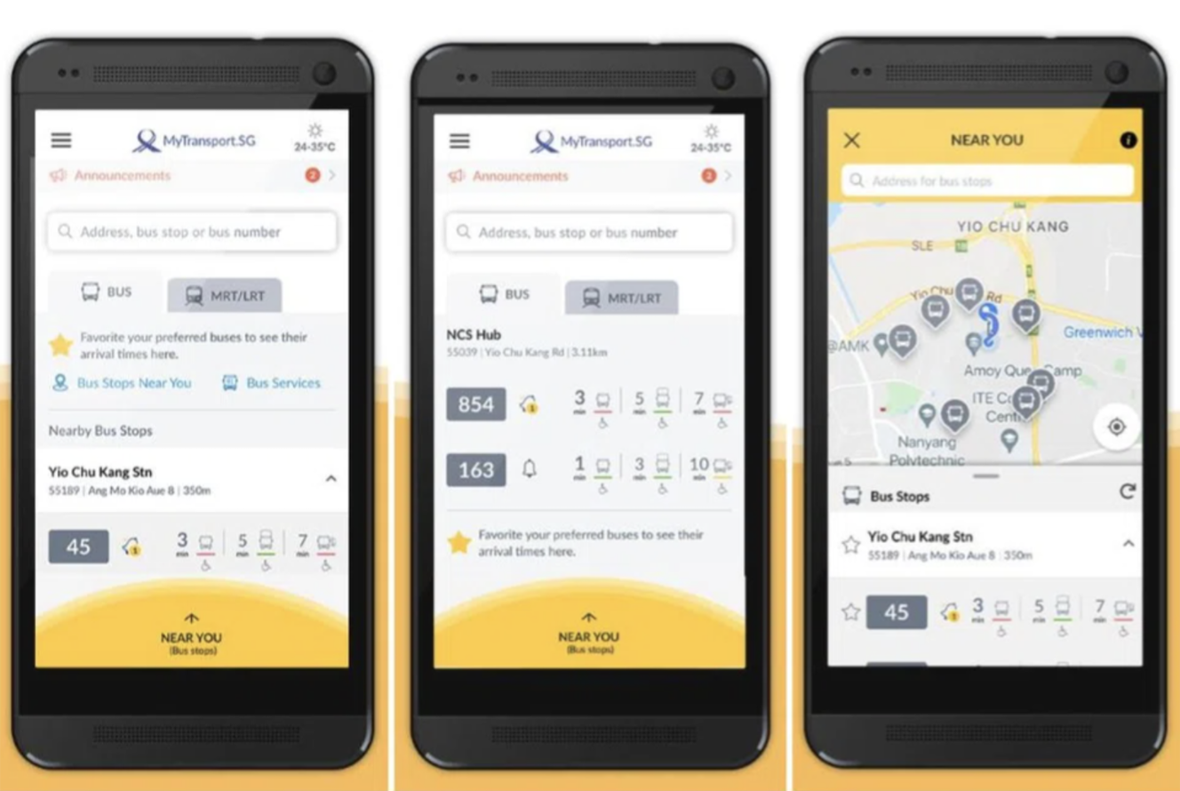 Three smartphone screens display the MyTransport.SG app showing bus stop info, routes, and a map. Yellow and white interface with text.