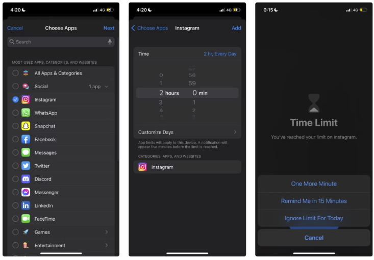 A screenshot of three smartphone screens, showing app limits: selecting apps, setting a 2-hour Instagram limit, and a time limit notification with options.