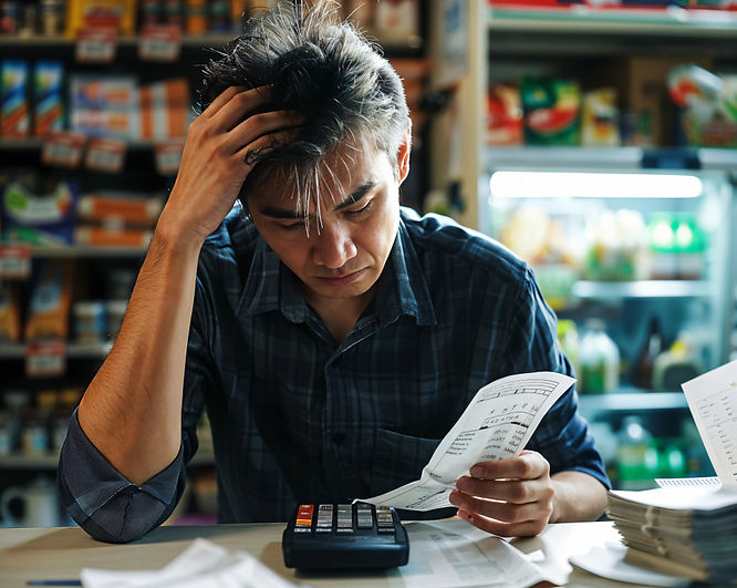 Man in blue plaid shirt at store counter, looking stressed while examining receipts with a calculator.