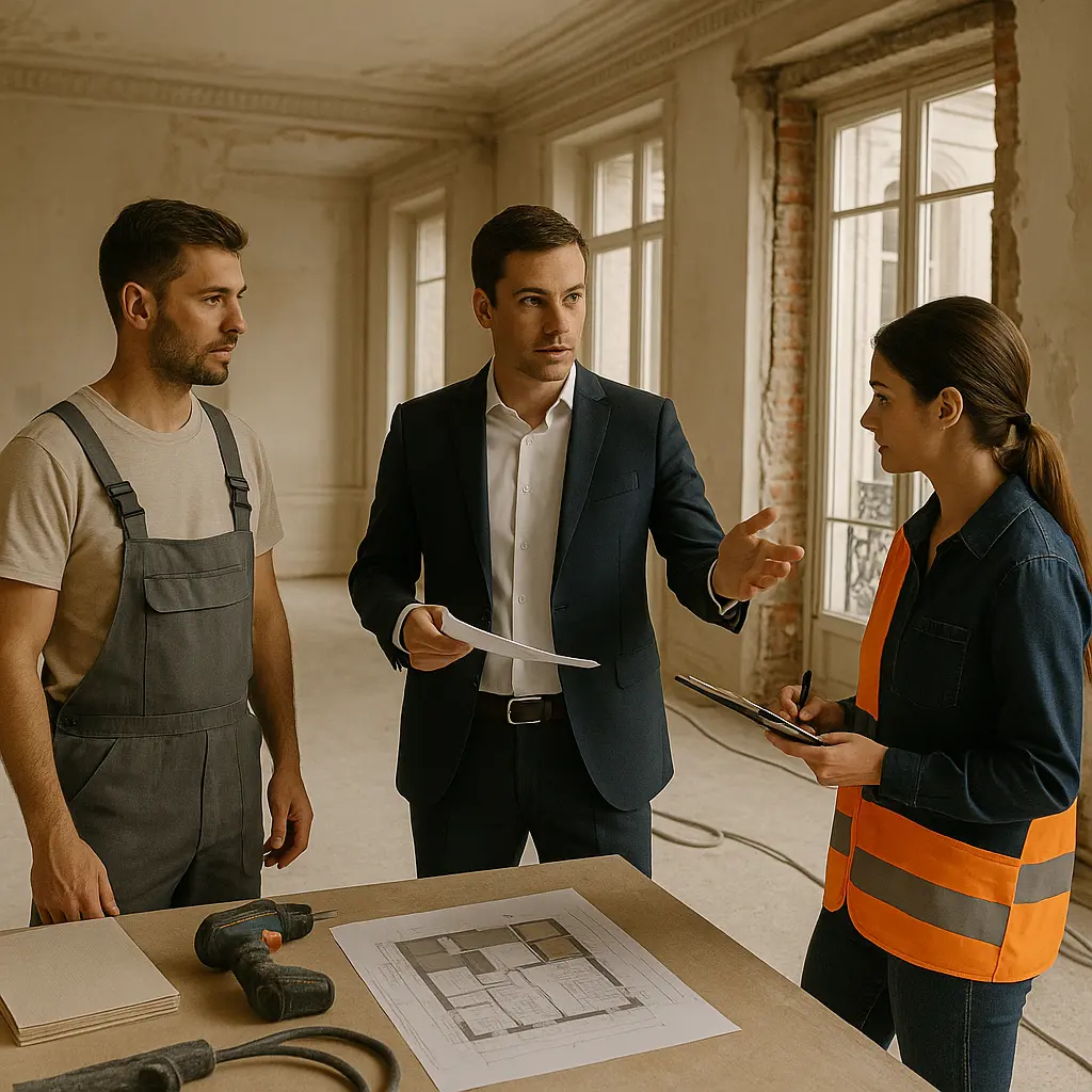 Équipe de chantier discutant autour d’un plan dans un bâtiment en rénovation, coordination entre maître d’œuvre, artisan et conductrice de travaux