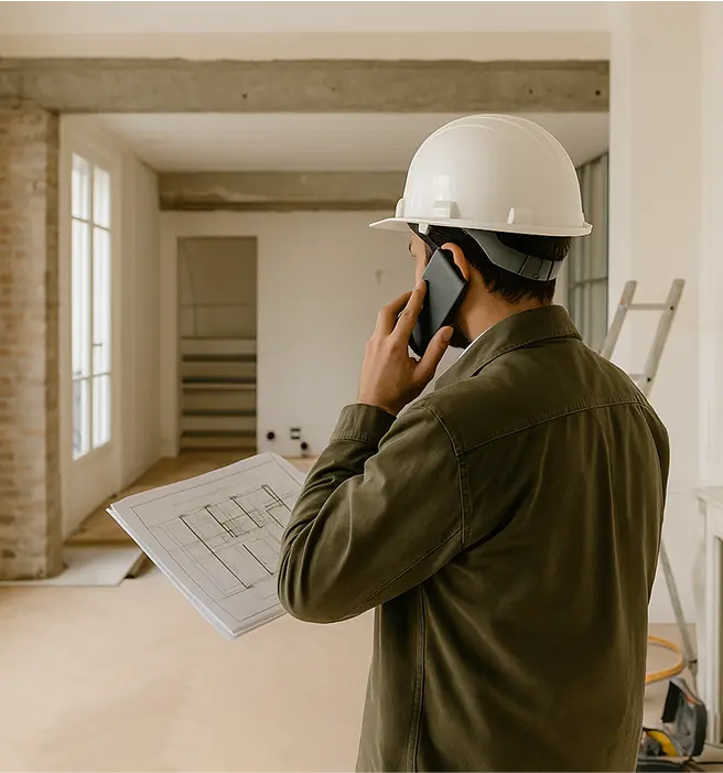 Chef de chantier avec un casque de sécurité consultant un plan et parlant au téléphone sur un site en rénovation