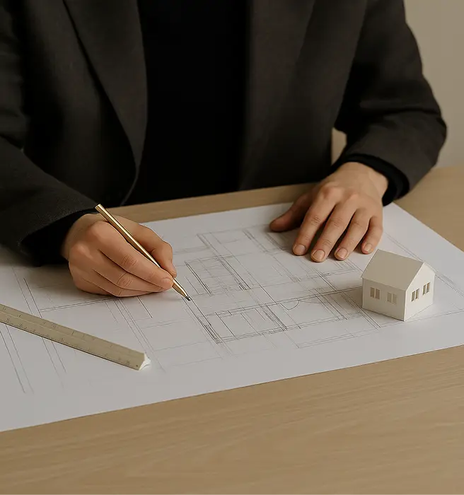 Architecte dessinant un plan de maison sur papier avec une maquette et une règle sur le bureau