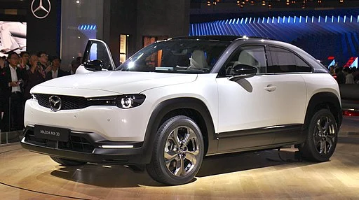 Grijze Mazda MX-30 elektrisch geparkeerd op straat
