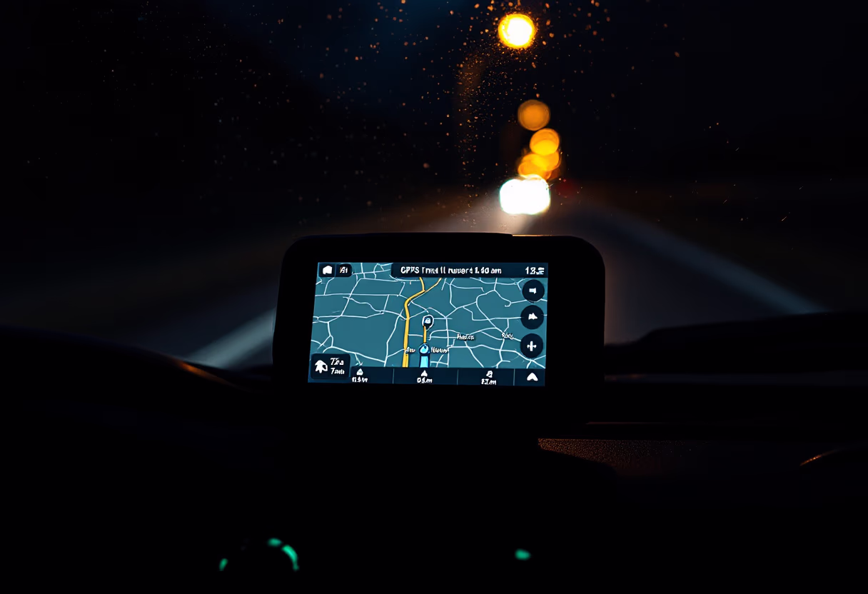 gps mounted on a truck dashboard amidst night driving