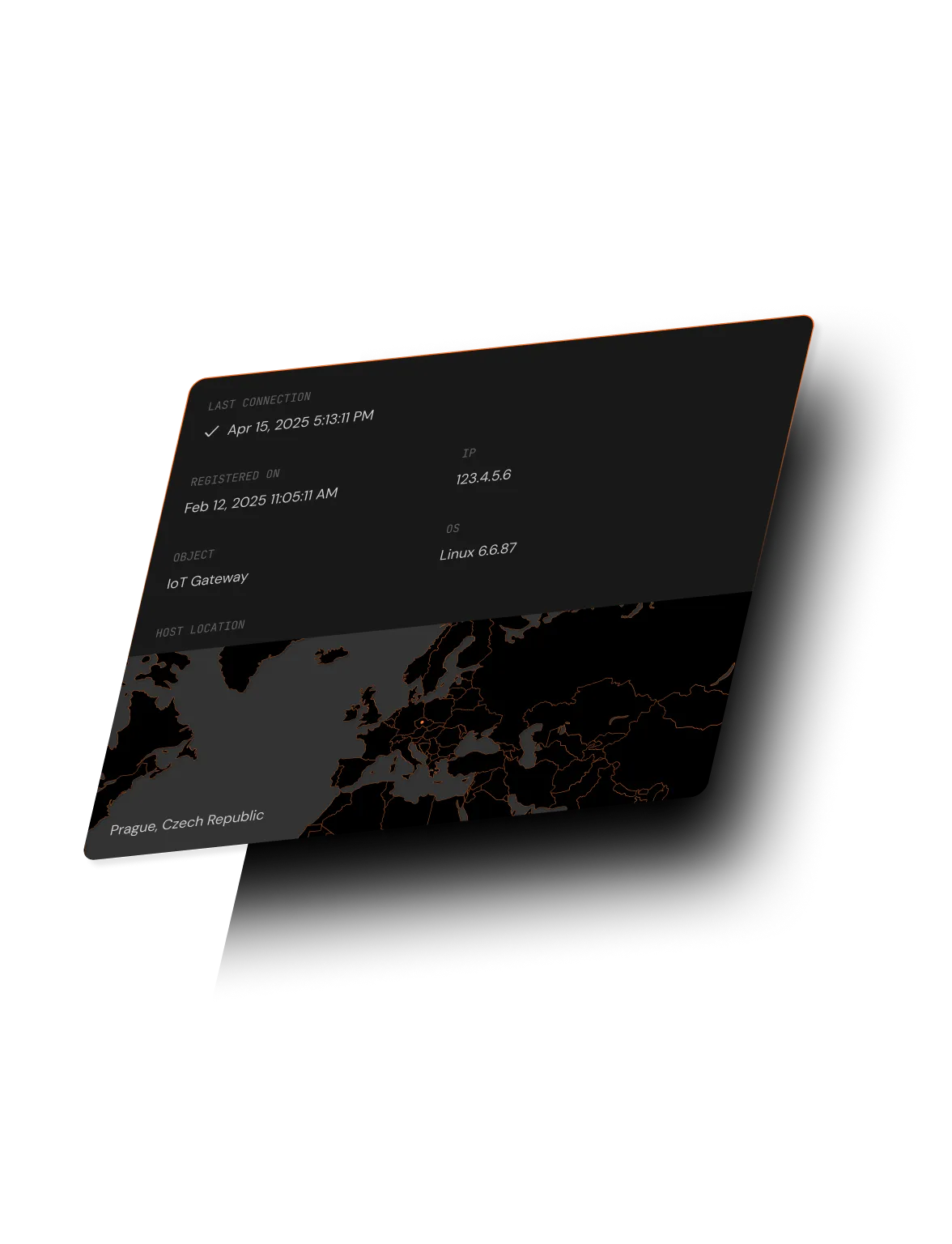 IoT Gateway dashboard Map showing:
- Last connection
- Registered On
- IP
- Object
- OS
- Host location
