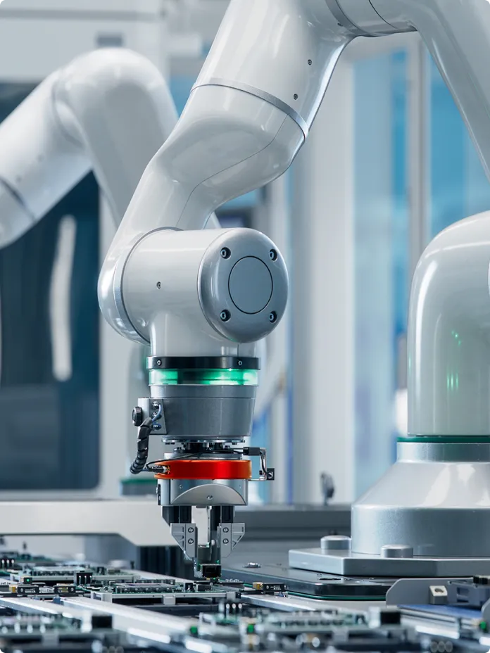 Robotic arm works on a circuit board showcasing advanced industrial automation.