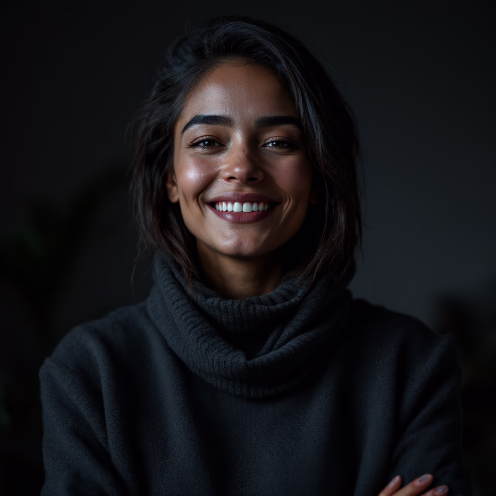 Headshot of Jas, a situationship survivor, in a cinematic editorial style.