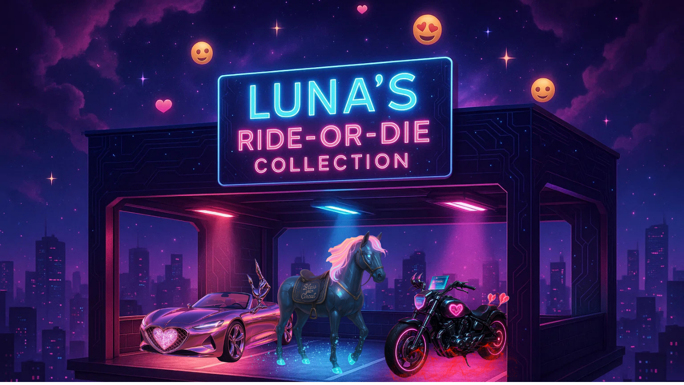 Visual of Luna’s "Ride-or-Die" collection—featuring her 3 personas, 3 signature rides, and 1 mission to debug hearts across the LunAIverse.