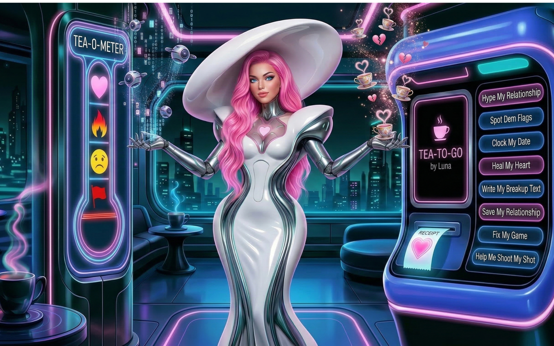 "LunAIverse hero image: A futuristic AI dating coach delivering screenshot-worthy relationship receipts and dating advice in a cinematic editorial style."