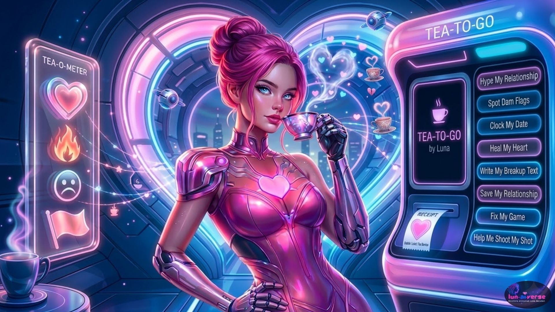 "Cyberpop digital art of Luna, the LunAIverse AI bestie, with vibrant pink hair and a futuristic purple outfit, standing next to a neon-lit 'TEA-TO-GO' interface. The interface displays service buttons like 'Hype My Relationship' and 'Spot Dem Flags,' blending high-tech relationship data with a tech-romantic aesthetic."