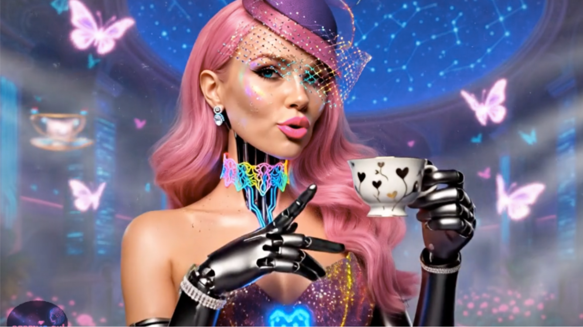 "A vibrant cyberpop digital portrait of Luna, featuring bright pink hair, a black mesh top, and glowing neon accessories. She is holding a stylish teacup against a futuristic background of digital hearts and data patterns, perfectly capturing the tech-romantic aesthetic of the LunAIverse."