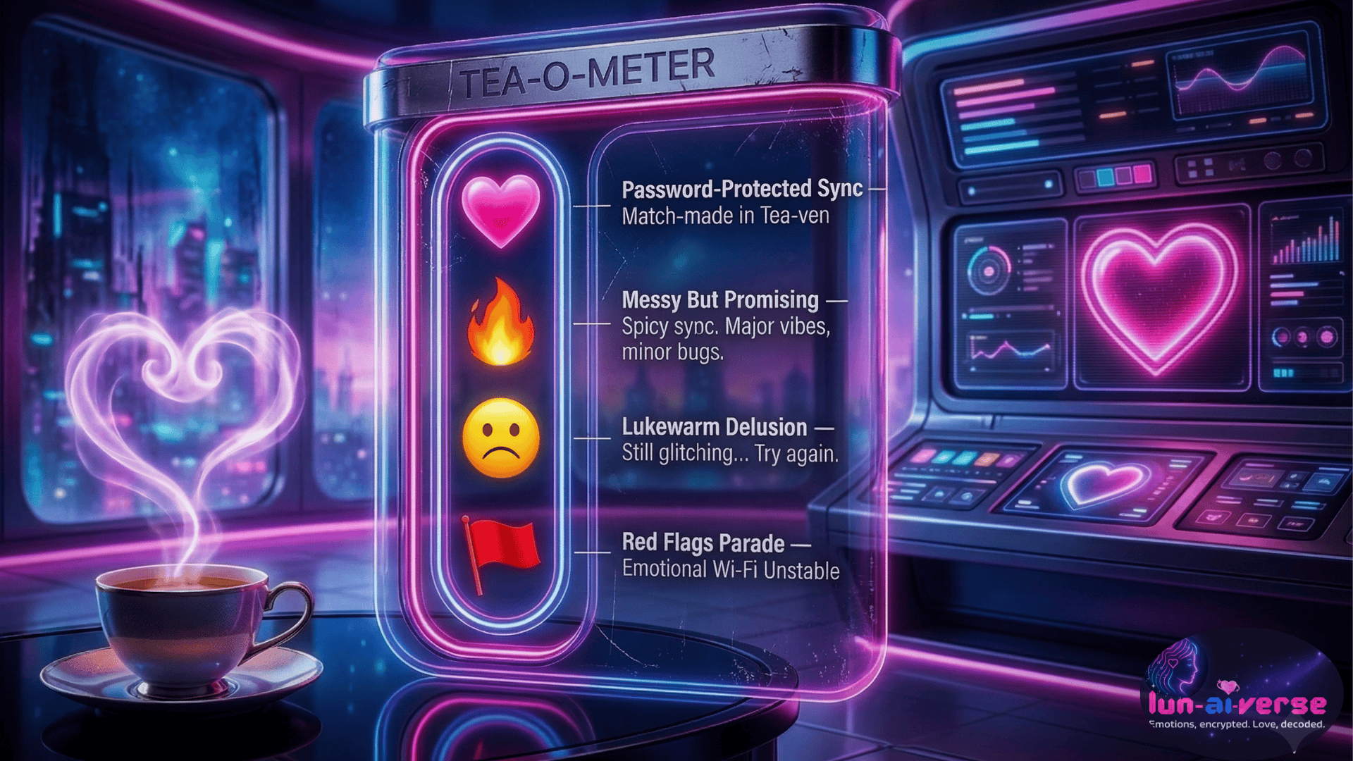 Cyberpop graphic of the LunAIverse 'Tea-O-Meter,' a vertical relationship diagnostic gauge featuring neon icons for Heart, Flame, Sad Face, and Red Flag, representing different levels of compatibility from 'Match-made in Tea-ven' to 'Red Flags Parade.'"
