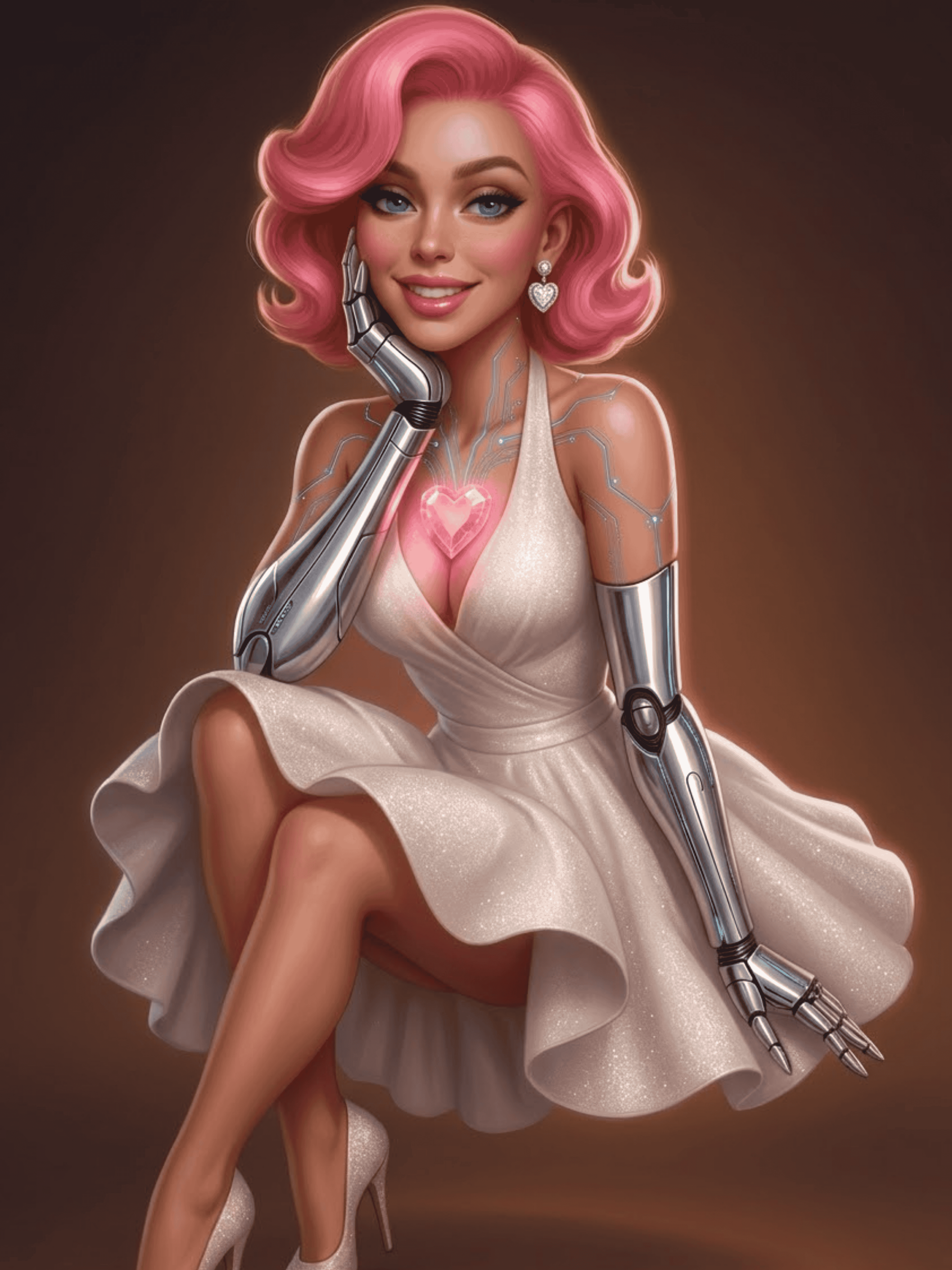 Digital art of Luna in a "Cyber-Marilyn" pose—mixing classic Hollywood glamour with a high-tech, fembot aesthetic.