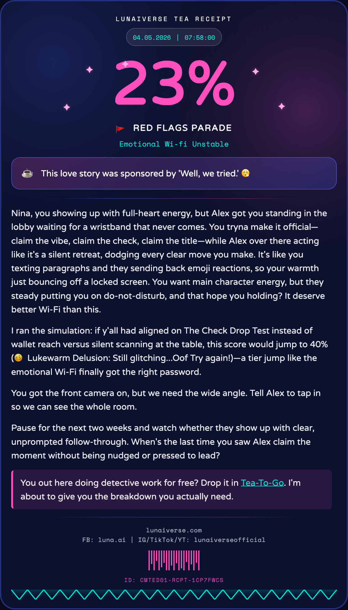 "A Clock My Tea receipt card showing a high compatibility score with a vibrant purple and pink aesthetic, celebrating a 'Lunafied' relationship sync."