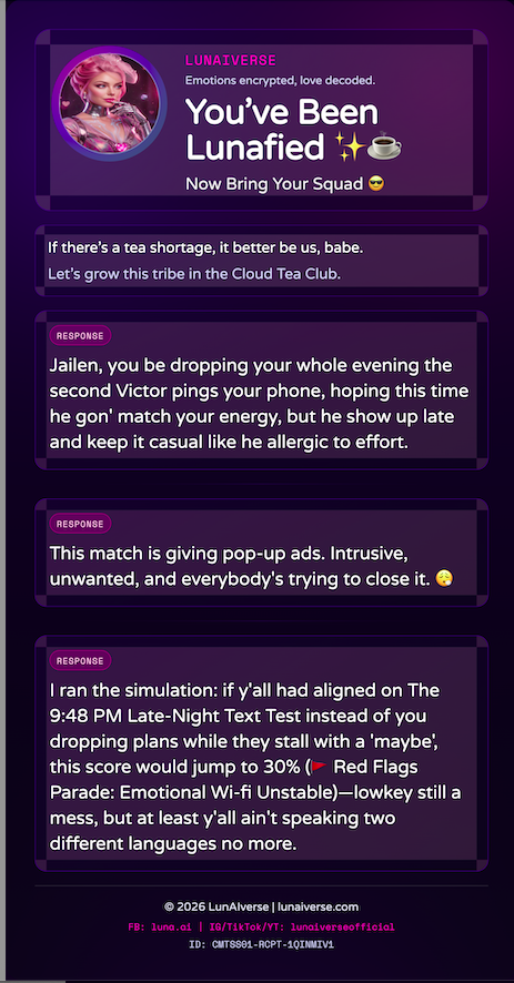 "A Clock My Tea receipt card from LunAIverse displaying a detailed relationship reality check, decoding dating patterns and red flags in a shareable format."