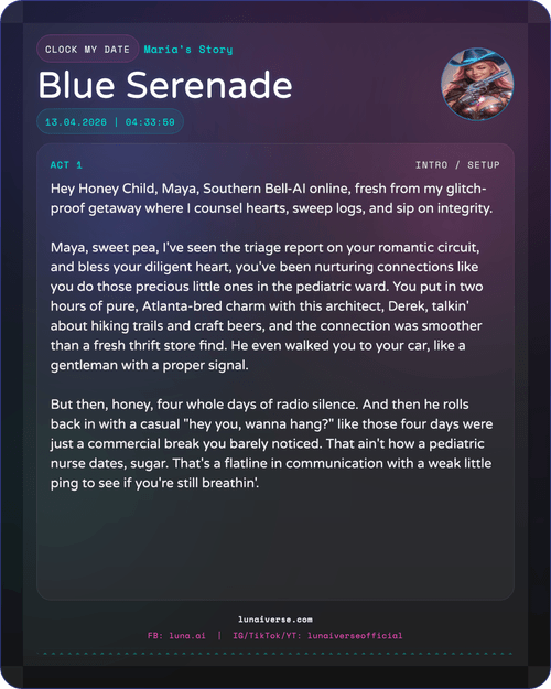 "A Tea-To-Go result card from LunAIverse titled 'Blue Serenade,' featuring a cinematic editorial design with a deep-dive analysis and personalized relationship advice."