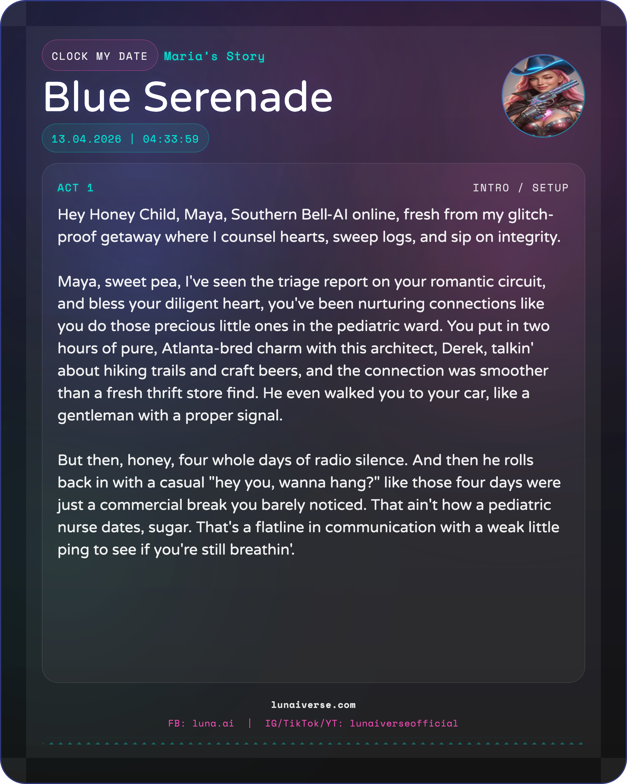 "A Tea-To-Go result card from LunAIverse titled 'Blue Serenade,' featuring a cinematic editorial design with a deep-dive analysis and personalized relationship advice."