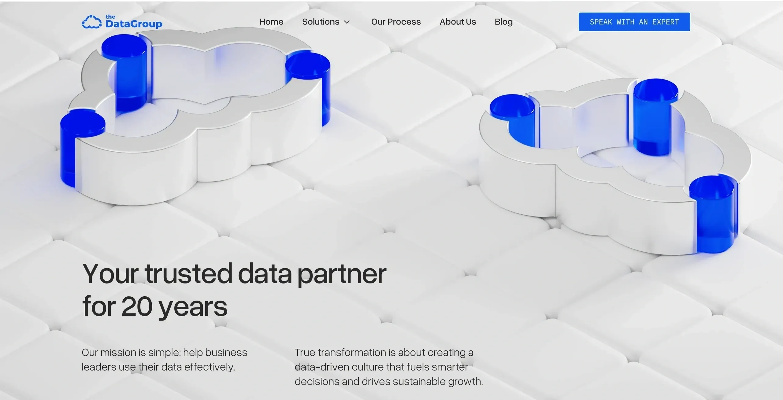 Homepage of DataGroup with cloud icons, company tagline, and navigation menu on a white tiled background.