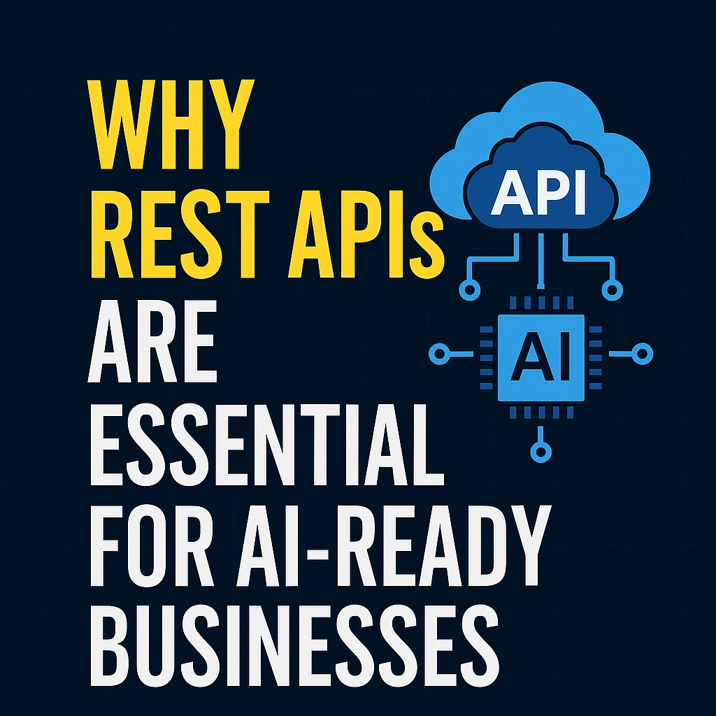 Cloud API graphic connected to square AI graphic with yellow and white text: "Why rest APIs are essential for AI-ready businesses"