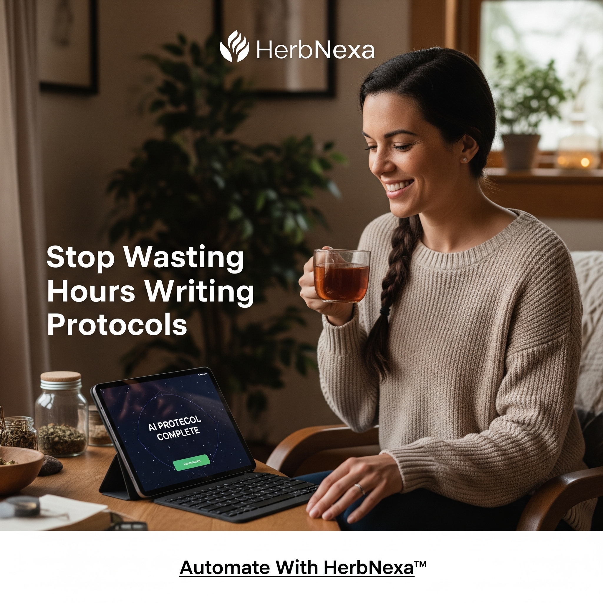 A laptop showing herbnexa search answers for stress lemon balm