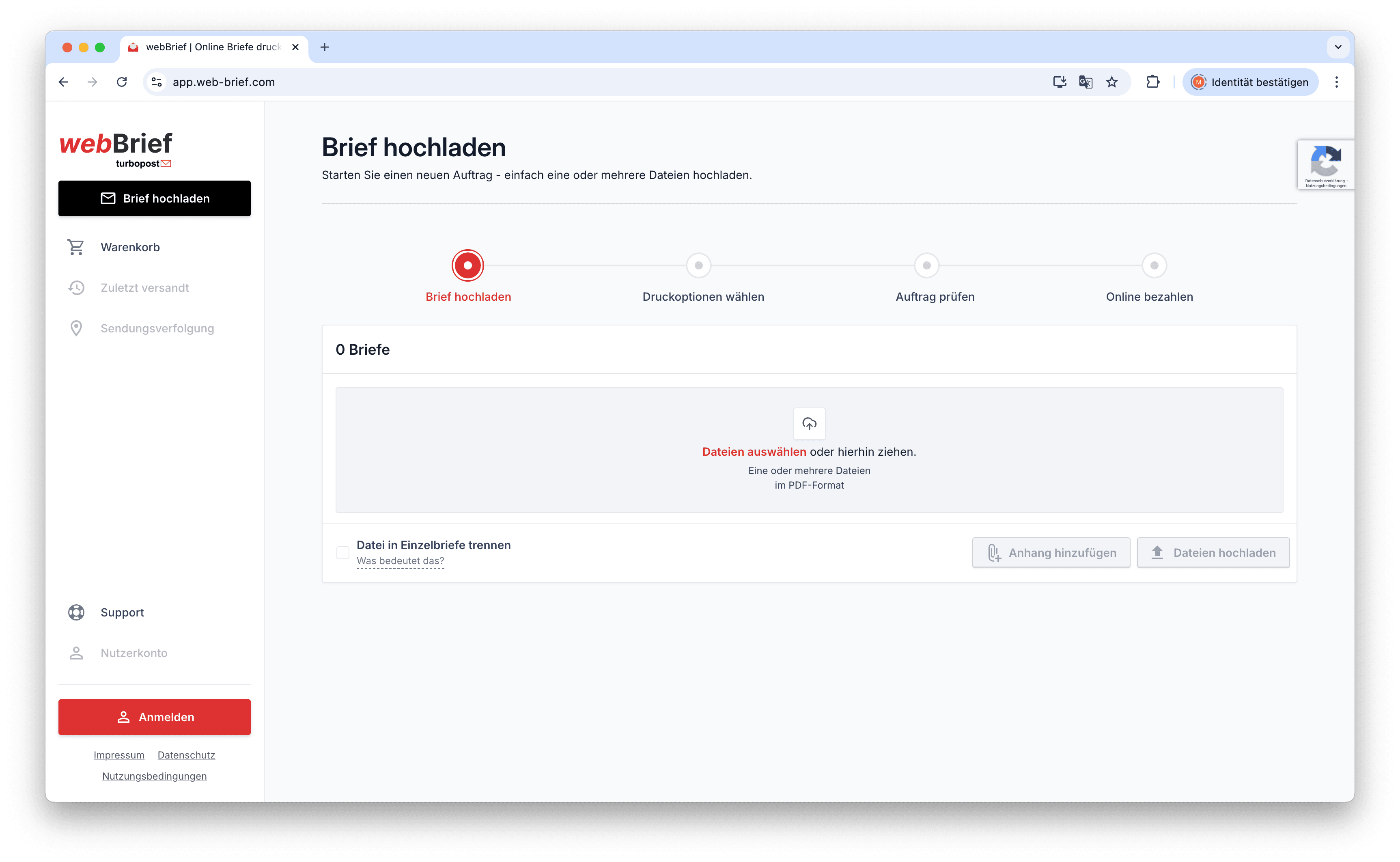 Screenshot der Web Anwendung wo Briefe hochgeladen werden können