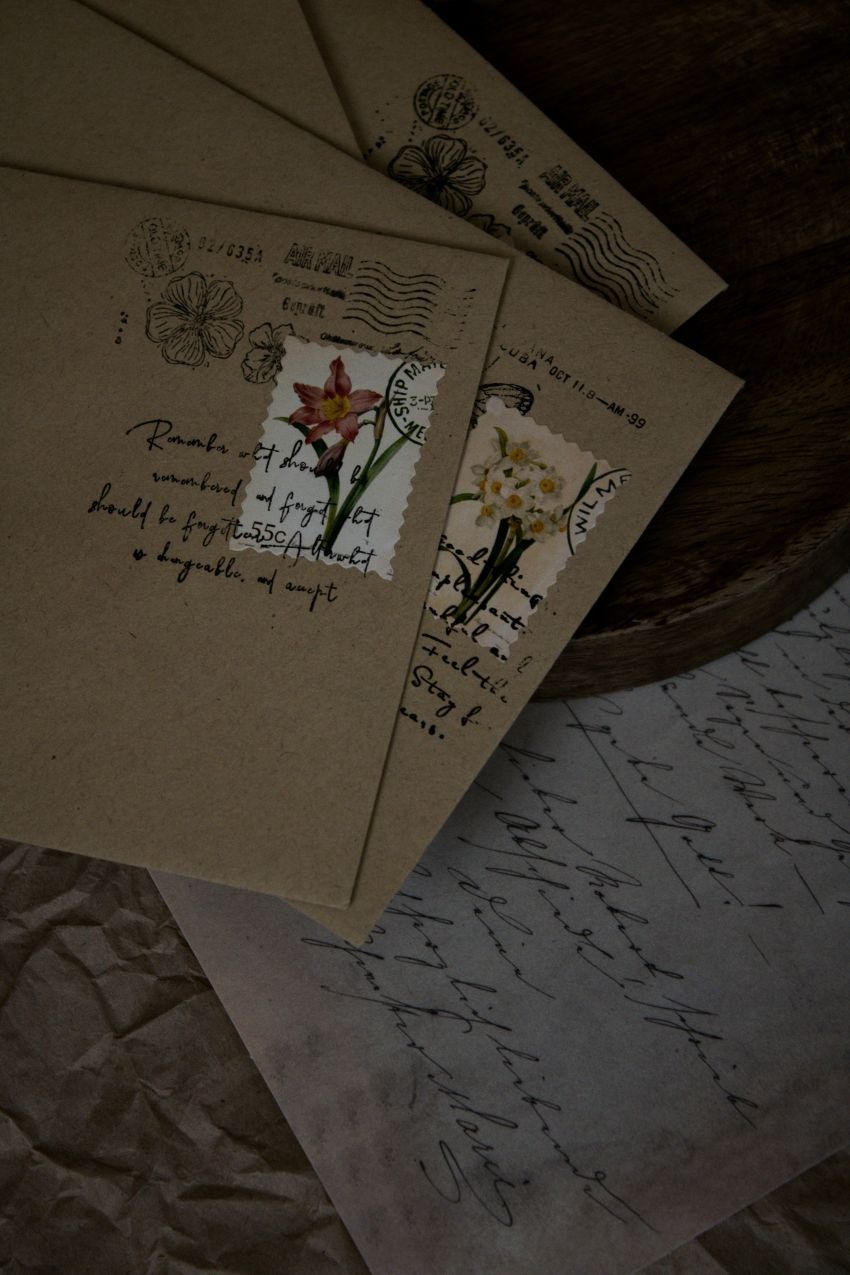 Vintage-Briefumschläge mit floralen Briefmarken als klassische Briefvorlage für handgeschriebene Post. Vorlage Brief schreiben