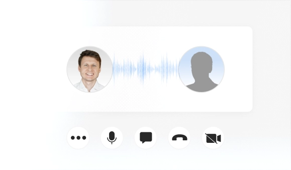Fabio Huter und ein potenzieller Interessent, abgebildet in einem Kreis und eine Audio Tonspur