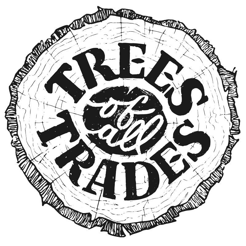 Ornate Trees of All Trades logo, lettering inside a slices of a tree.