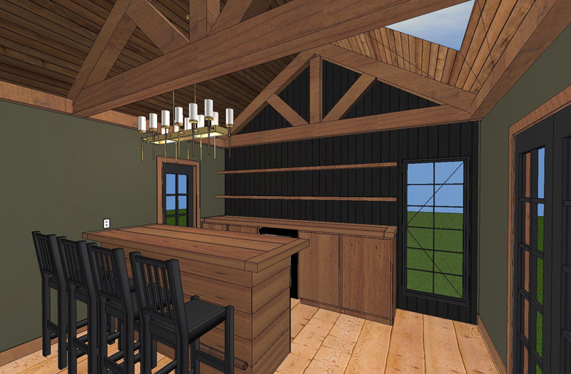 3D render of a kitchen with a decorative wood-beamed ceiling.