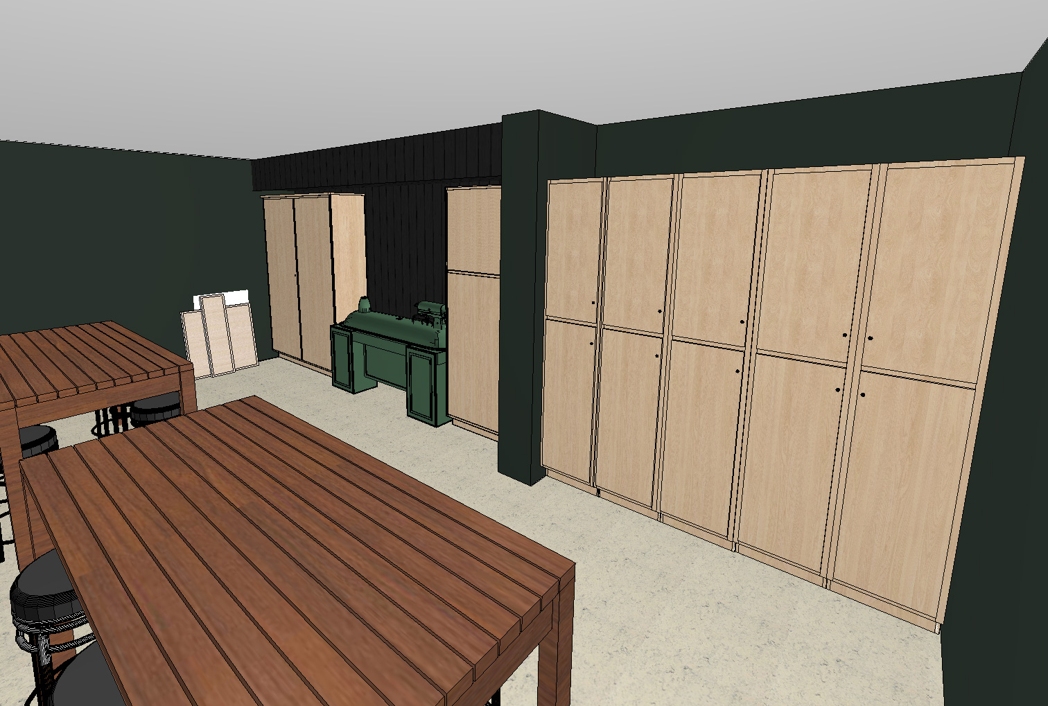 A 3d Rendering of an upgraded woodworking shop. Including large cabinetry, new benches, and deep forest green walls.