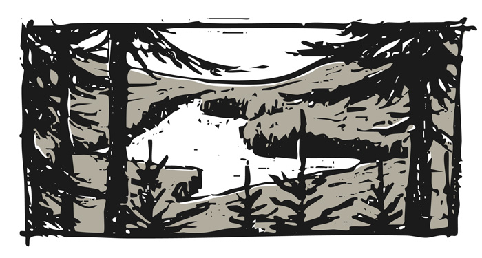 Block print of a tree-filled lake/mountain view.