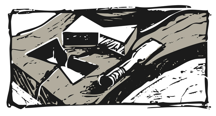 Block print of a piece of wood and dovetail being chiseled.