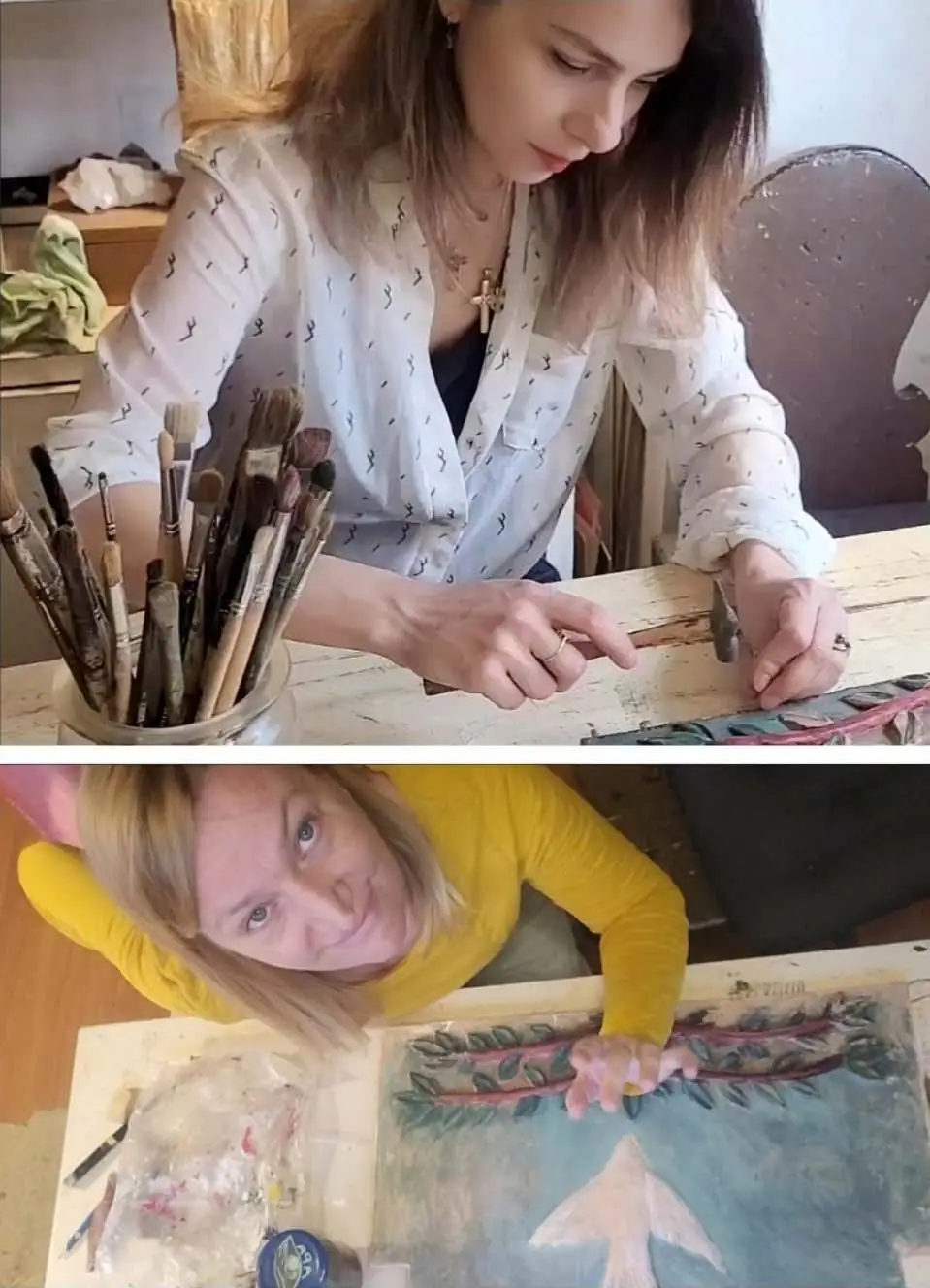 Stanca Dumitrescu și Ioana Branea, artiste cu experiență, predând tehnici de creare a ramelor decorative manuale în cadrul cursului de artă