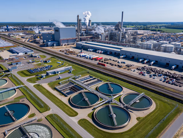Wastewater treatment facility next to a large factory