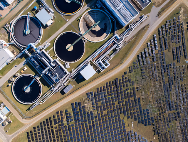 Wastewater treatment facility equipped with solar panels