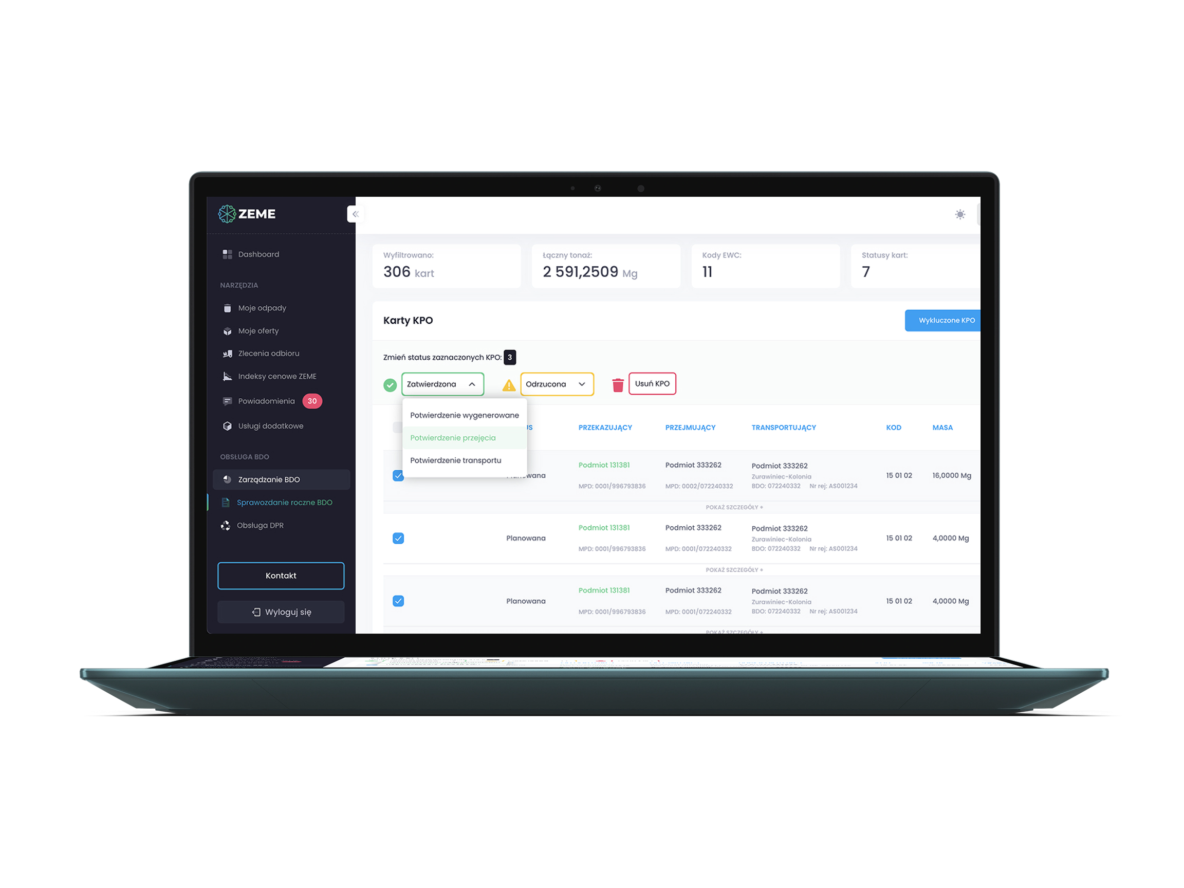 Wizualizacja dashboardu ZEME 360 widocznego na ekranie laptopa. Po lewej stronie jest kolumna z dostępnymi opcjami, a w centralnym punkcie dashboard z danymi dot. odpadów.