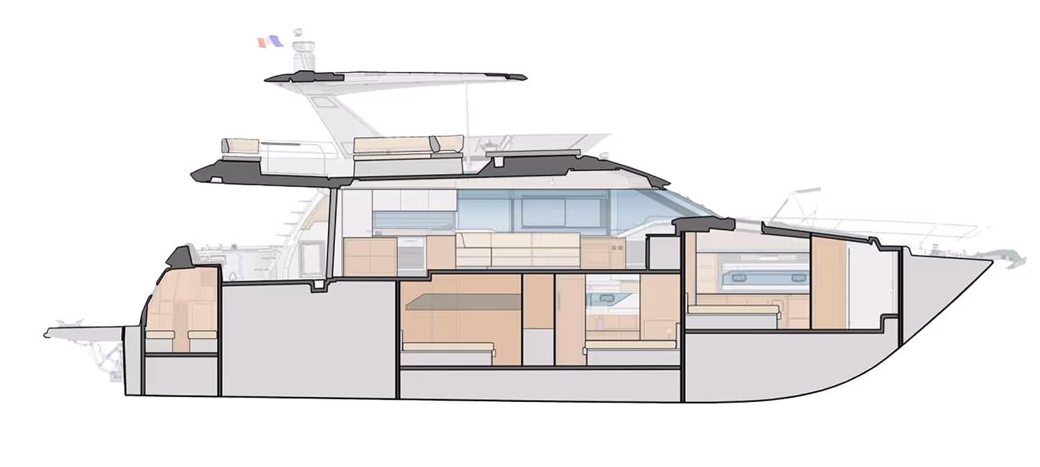 deck plan profile view of Prestige 680 motor yacht.