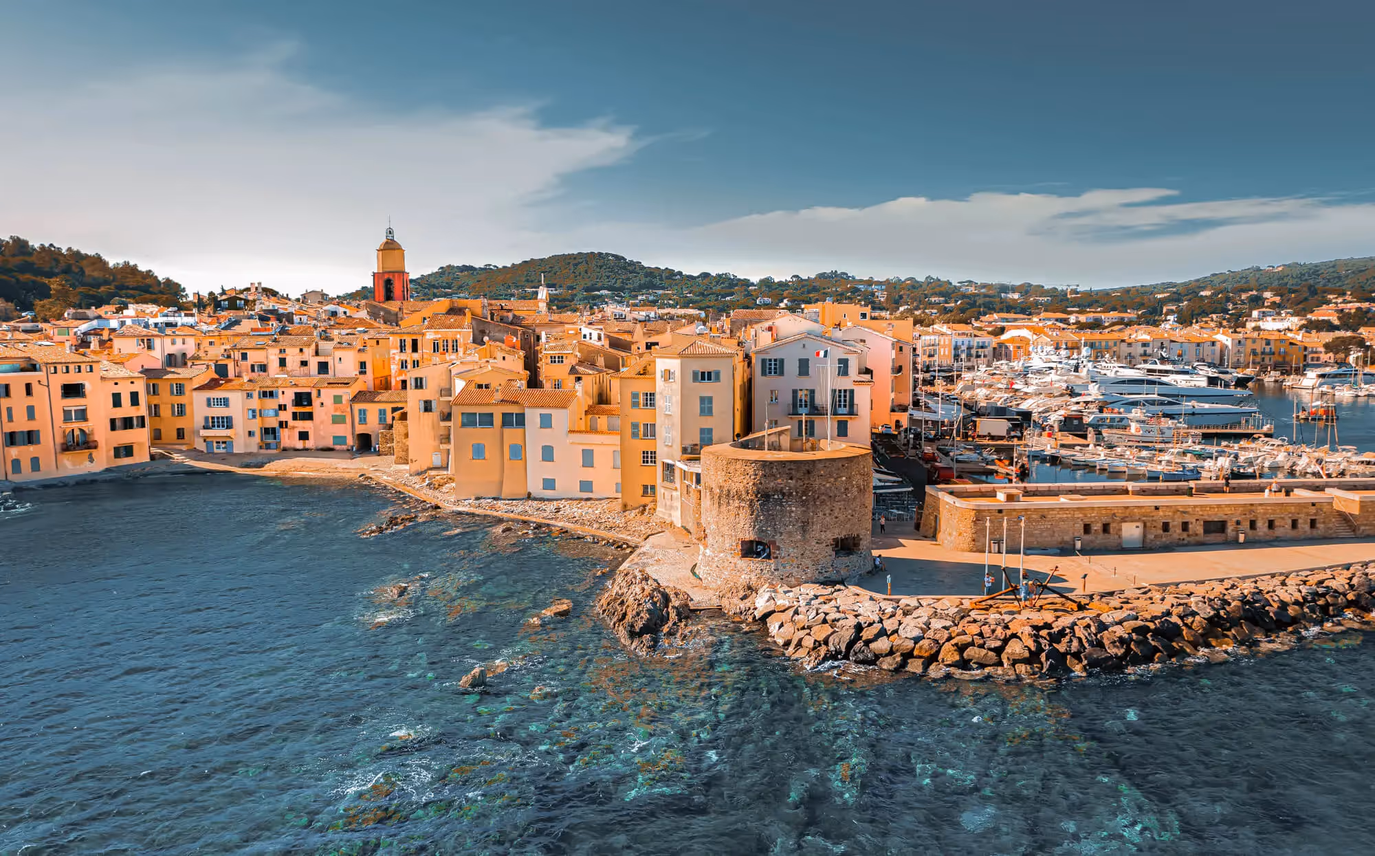 Corsica drone image, depicting old towns and the yacht port.